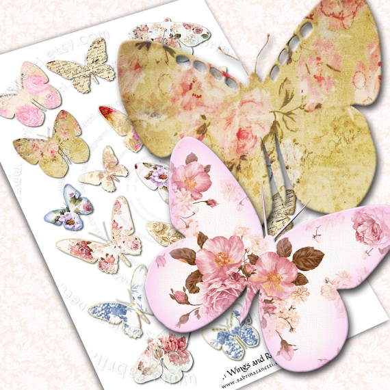 WINGS and ROSES butterfly png jpg Digital collage sheet silhouette roses 3D for scrapbooking altered art instant download pp173