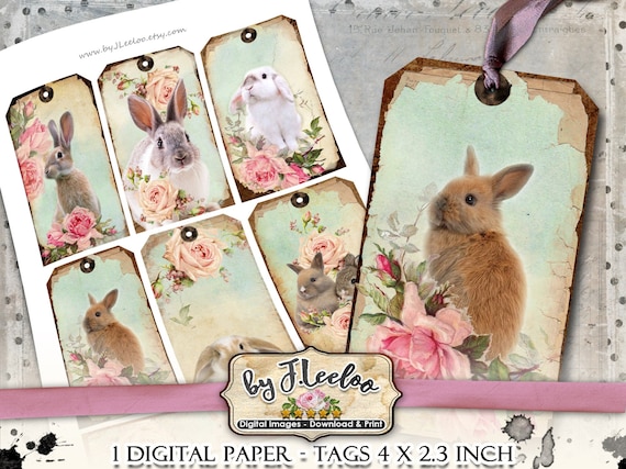 HAPPY BUNNIES easter tags digital shabby chic jewelry holder roses paper goods for craft art Digital collage printable tl217