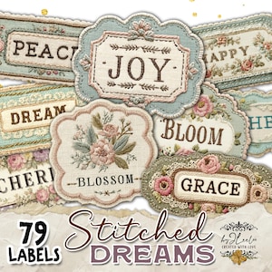 SONHOS COSTURADOS 79 PNGs de Etiquetas Bordadas + 7 Folhas Digitais | Palavras Românticas Vintage para Scrapbooking e Criação de Cartões | | tl338