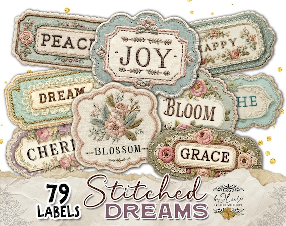STITCHED DREAMS 79 Embroidered Label PNGs + 7 Digital Sheets | Romantic Vintage Words for Junk Journal Scrapbooking Card-Making |  | tl338