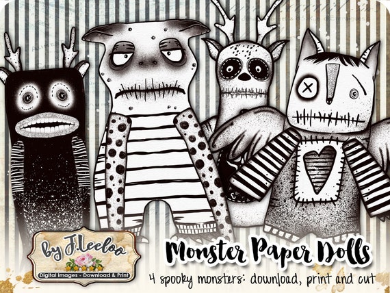 MONSTER PAPER DOLL hand drawn scary to color Digital collage sheet scrapbook instant download printable pp514