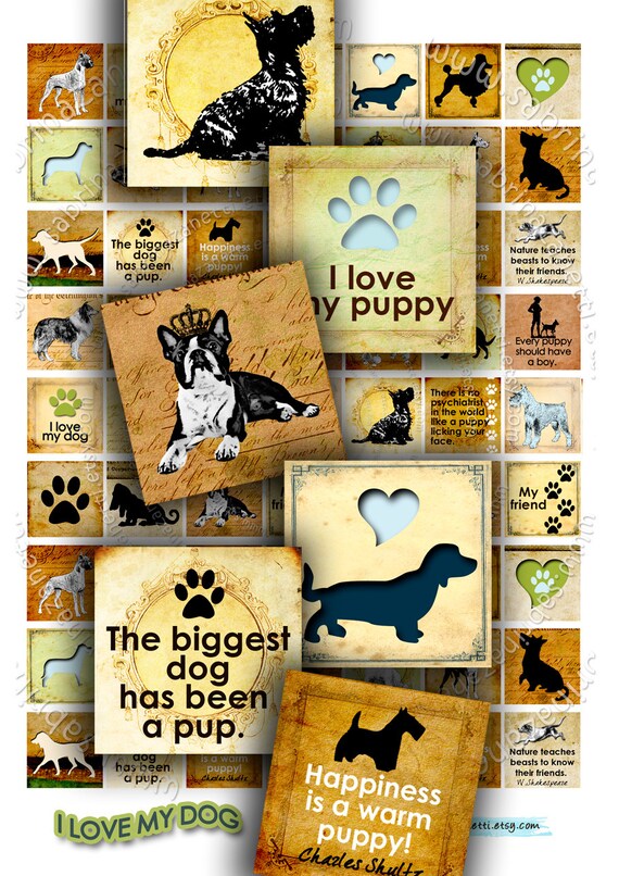Digital collage sheet I LOVE MY DOG 1x1 square puppy love doggie for pendant jewellery clipart magnet instant download printable qu158