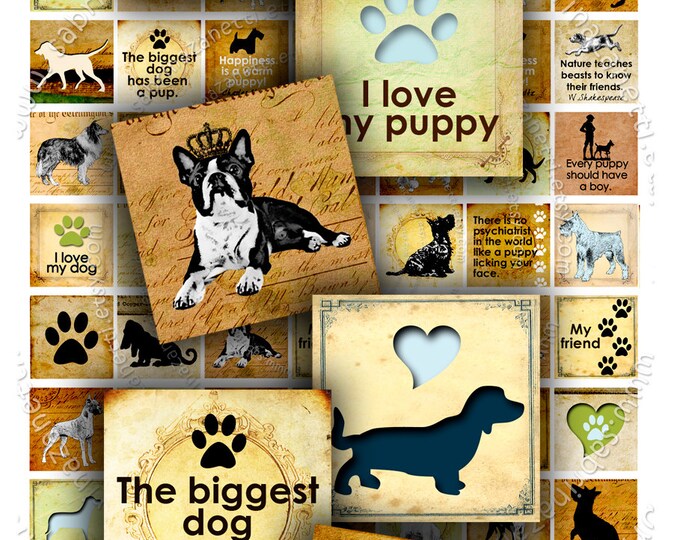 Digital collage sheet I LOVE MY DOG 1x1 square puppy love doggie for pendant jewellery clipart magnet instant download printable qu158