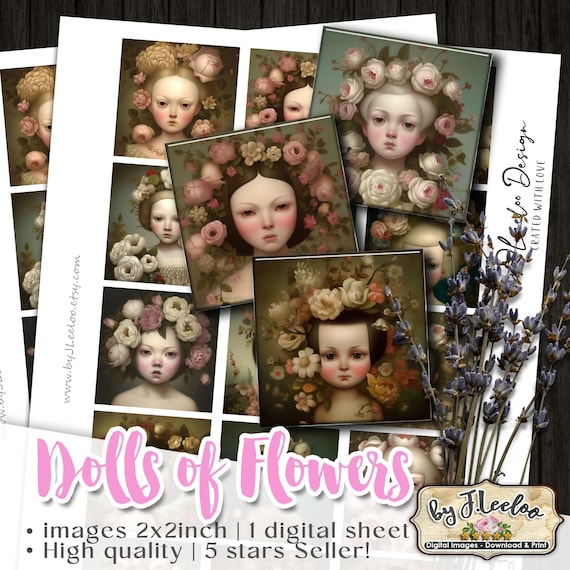 DOLLS of FLOWERS square strange pendants | printable digital images | romantic portrait | flower chic vintage | instant download qu546