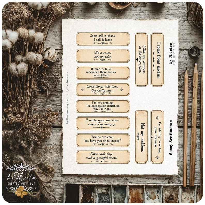 May include: A rectangular sheet of off-white paper featuring ten individual labels with vintage-style borders and black printed text. The phrases include "Some call it chaos. I call it home," "Be a voice, not an echo," and "Sassy Sentiments."