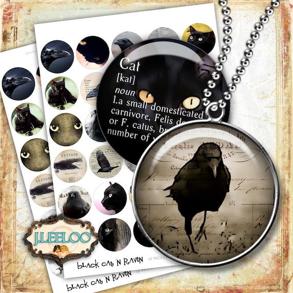 Digital paper BLACK CAT n RAVEN 1.5 inch circle dark gothic victorian poe magnet stickers pendant instant download printable tn454