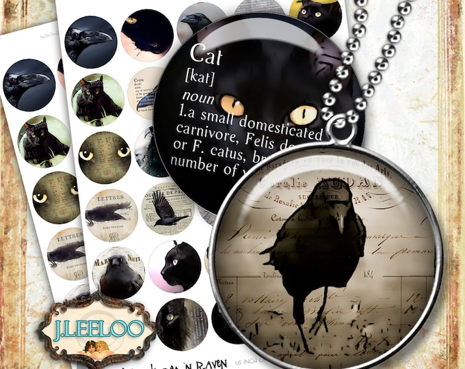 Digital paper BLACK CAT n RAVEN 1.5 inch circle dark gothic victorian poe magnet stickers pendant instant download printable tn454