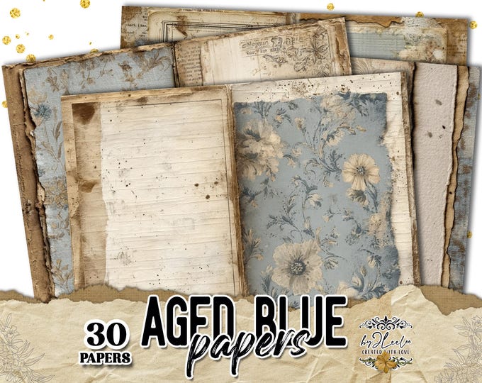 AGED BLUE PAPERS – Vintage Blue Junk Journal Pages, Worn Paper Textures, Soft Archive Double Pages | Backgrounds Printable | ppK35