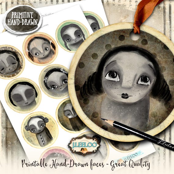 PRIMITIVE DOLLS  2.5 inch circle hand-drawn for pendants magnets bezel trays printable coaster graphic digital collage sheet tn564