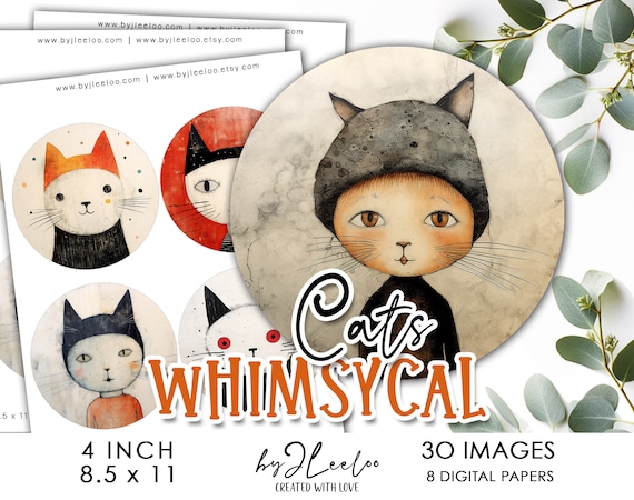 WHIMSICAL CATS 4 inch printable | supplies round pendant sticker charms glass cabochon magnet | ornaments journal scrapbooking craft | tn709