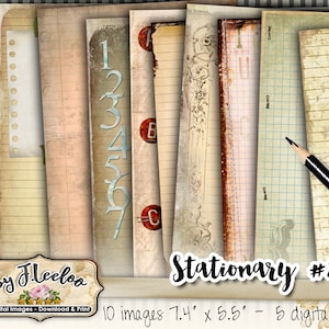 May include: A set of 10 digital paper designs for scrapbooking or other crafting projects. The papers feature a vintage look with lined, gridded, and numbered patterns. The papers are 7.4 inches by 5.5 inches.
