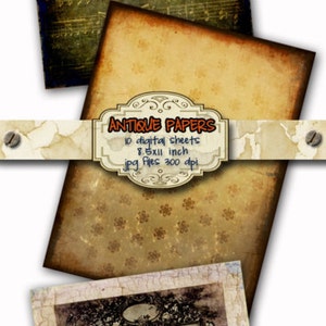 May include: A collection of antique digital papers with various textures and designs. Includes sheets with musical notes, floral patterns, and vintage illustrations. Each sheet is 8.5 x 11 inches.