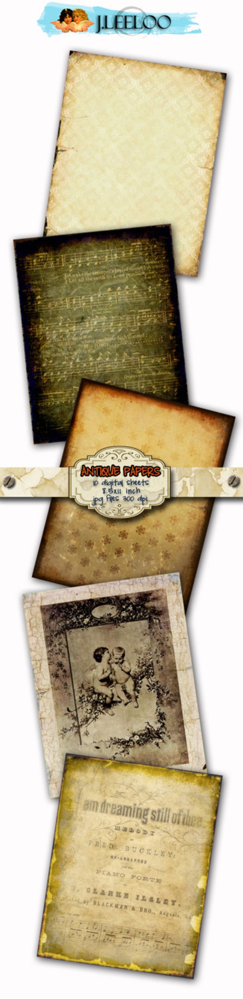 May include: A collection of antique digital papers with various textures and designs. Includes sheets with musical notes, floral patterns, and vintage illustrations. Each sheet is 8.5 x 11 inches.