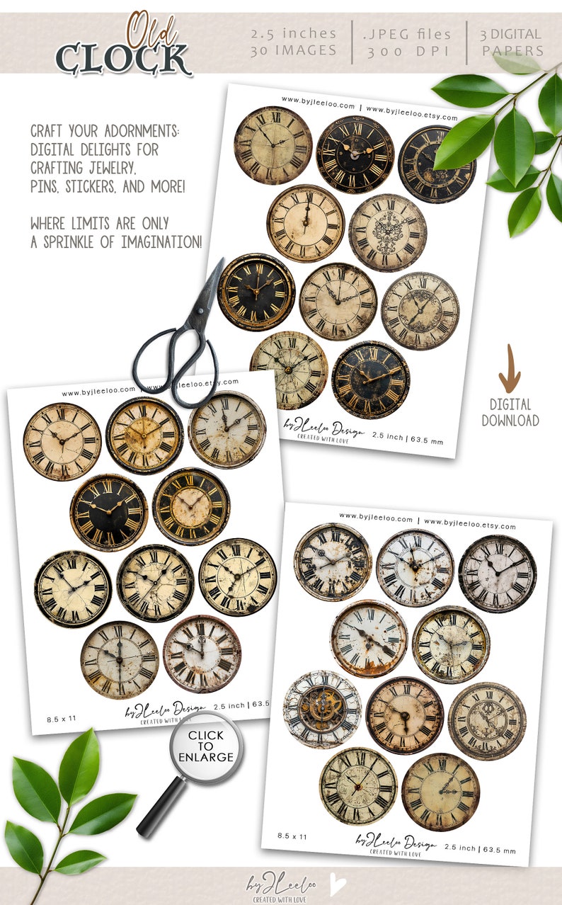 OLD CLOCK 2.5 Inch Printable | Vintage Supplies Round Pins, Mirror ...