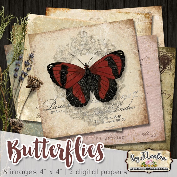 BUTTERFLIES 4x4 inch digital printable vintage images for coasters scrapbooking diary french grunge ephemera qu539