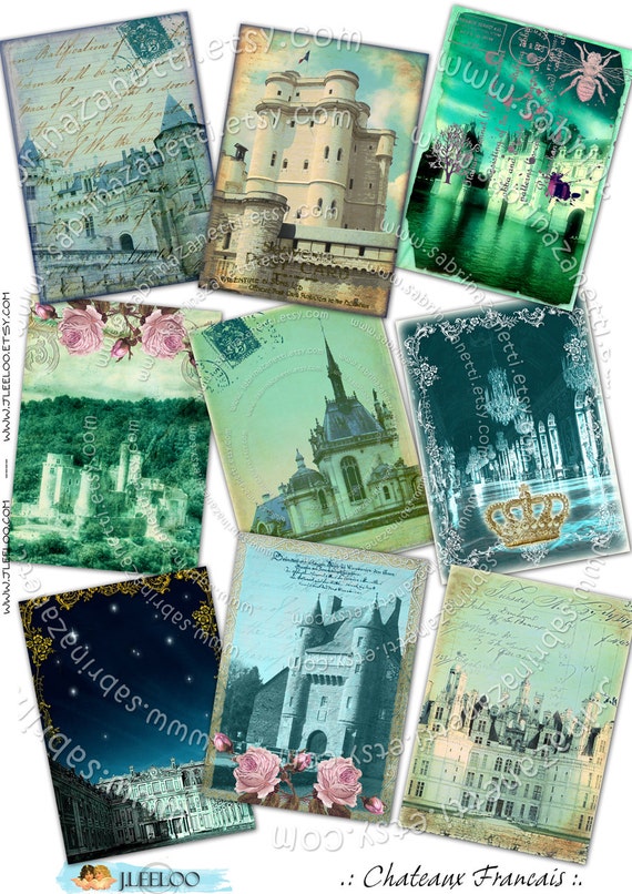 CHATEAU de FRANCE printable gift label atc aceo size Digital collage sheet  hang tag instant download background vintage ac125