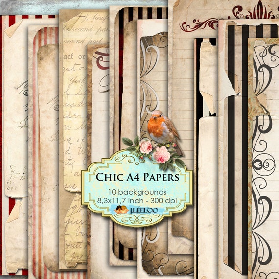 CHIC A4 PAPERS 10 large digital collage sheet papers texture grunge for scrapbooking jpg art instant download printable pp120