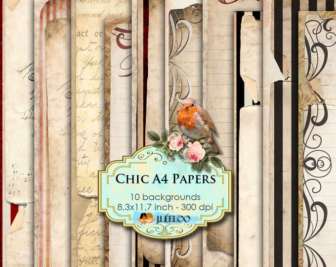 CHIC A4 PAPERS 10 large digital collage sheet papers texture grunge for scrapbooking jpg art instant download printable pp120