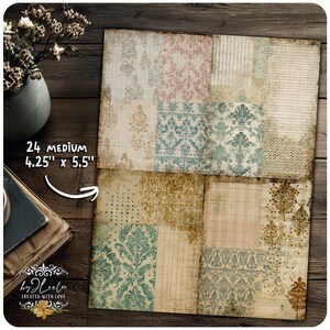 May include: A collection of 24 medium-sized paper sheets, each measuring 4.25" x 5.5", with a vintage, patchwork design. The sheets feature various patterns, including floral and lined paper, in muted colors like pink, blue, and beige. The text "by Heeloo CREATED WITH LOVE" is visible.