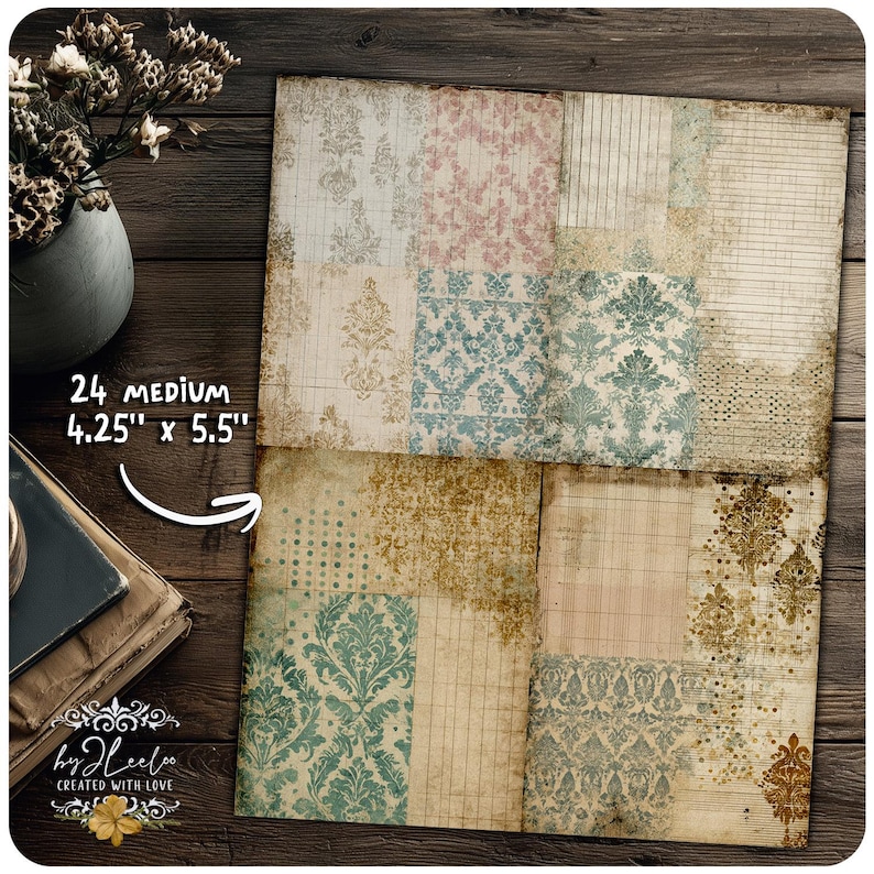 May include: A collection of 24 medium-sized paper sheets, each measuring 4.25" x 5.5", with a vintage, patchwork design. The sheets feature various patterns, including floral and lined paper, in muted colors like pink, blue, and beige. The text "by Heeloo CREATED WITH LOVE" is visible.