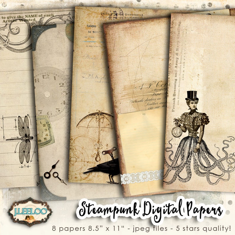 STEAMPUNK digital papers scrapbook journal art bookmaking pages Background stationery embellishment craft instant download print pp417 image 1