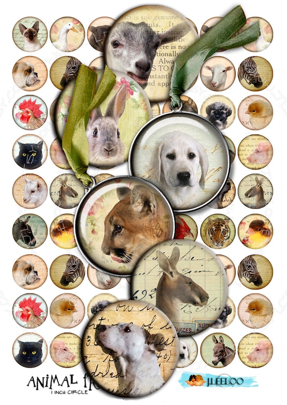 Digital collage sheet ANIMAL FRIENDS 1 inch circle digital images puppies pendants magnet jewelry instant download printable tn268