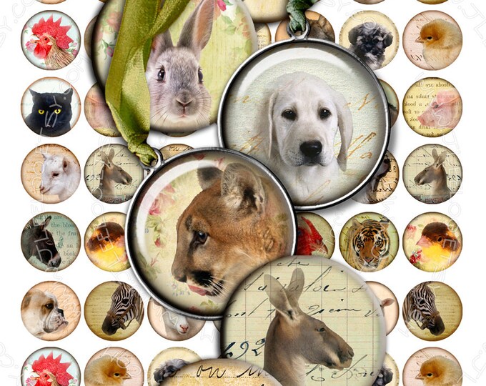 Digital collage sheet ANIMAL FRIENDS 1 inch circle digital images puppies pendants magnet jewelry instant download printable tn268