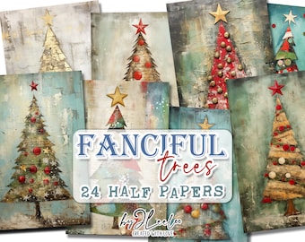 FANCIFUL TREES christmas half pages printable for junk journal Mixed Media | Holidays supplies card making collage diary stationery | pp656