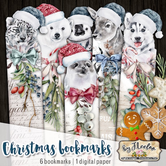 CHRISTMAS BOOKMARK printable baby animals images instant download Digital collage sheet background paper - bm110