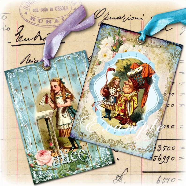 ALICE printable atc size Digital collage sheet wonderland painting jewelry holder instant download background paper ac105