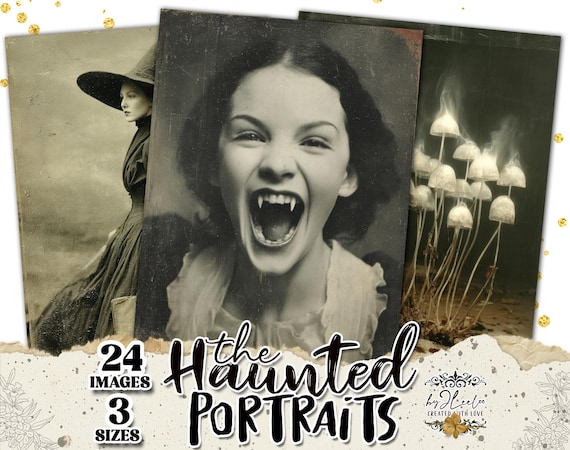 The HAUNTED PORTRAITS – 24 Vintage Halloween 3 Sizes | Gothic Daguerreotype Style Ghosts Pumpkins Witches for Junk Journals & Crafts | pp985