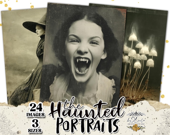 The HAUNTED PORTRAITS – 24 Vintage Halloween 3 Sizes | Gothic Daguerreotype Style Ghosts Pumpkins Witches for Junk Journals & Crafts | pp985