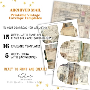 May include: Printable vintage envelope templates with an aged paper aesthetic. The image shows various envelope designs, including templates and backgrounds. The text reads "Archived Mail" and "Ready to Print and Create!"