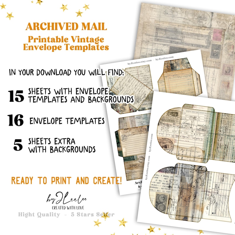 May include: Printable vintage envelope templates with an aged paper aesthetic. The image shows various envelope designs, including templates and backgrounds. The text reads "Archived Mail" and "Ready to Print and Create!"