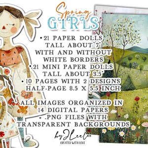 SPRING GIRLS paper doll printable kit junk journal cut off Paper Dolls journaling supplies Collage fussy cut doll digital pp695 image 2