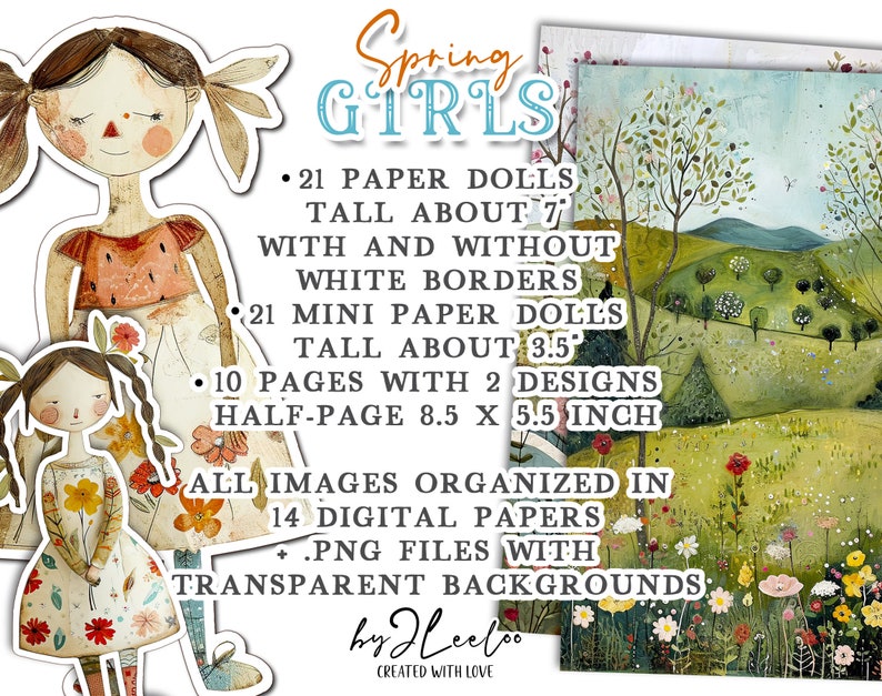 SPRING GIRLS paper doll printable kit junk journal cut off Paper Dolls journaling supplies Collage fussy cut doll digital pp695 image 2