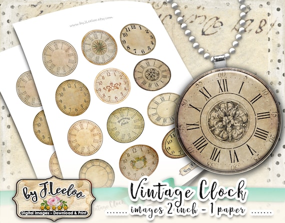 VINTAGE CLOCK 2 inch circle clock face printable for cupcake topper and craft alice party antique instant download diy tn580