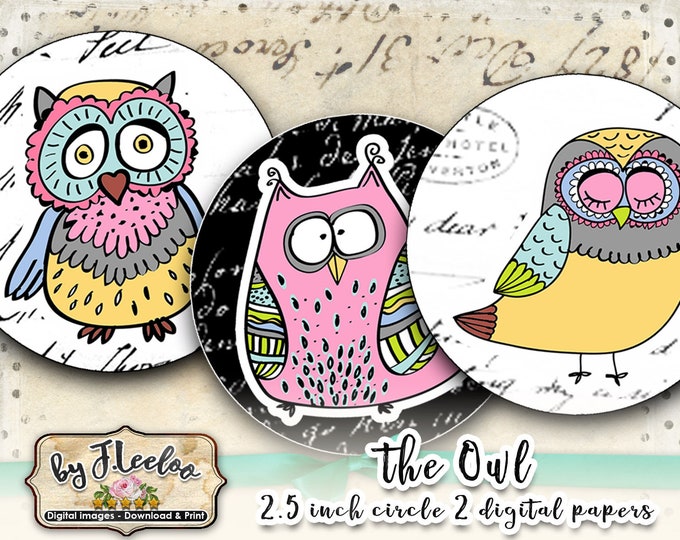 Digital collage OWL 2,5 pollici giri clipart immagini digitali per ciondolo gioielli magnete download istantaneo stampabile tn582