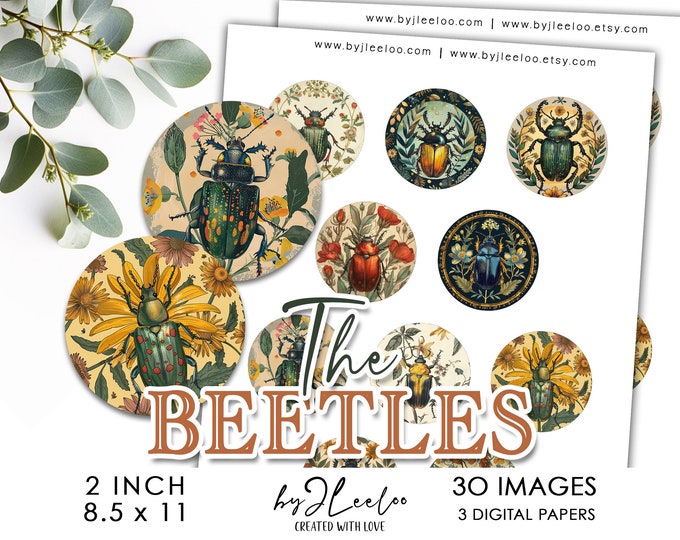 THE BEETLES 2 inch printable | supplies circle pendant cabochon charm sticker pin keychain | digital insect illustration | DiY art | tn785