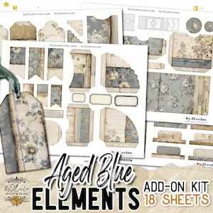 May include: Aged Blue Elements add-on kit with 18 sheets. The kit includes various paper ephemera with a vintage floral design in shades of blue, beige, and brown. The kit includes tags, pockets, and other decorative elements.