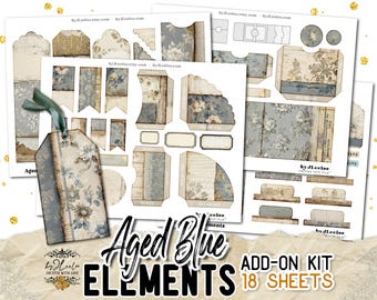 ELEMENTOS AZUL ENVEJECIDO – Complemento para diario basura azul vintage, papeles de fondo, bolsillos y efímeras / pág. K36 / Uso comercial / pág. 934