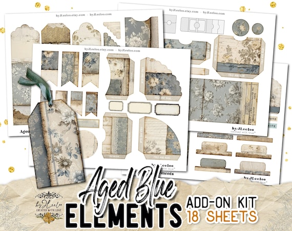 AGED BLUE ELEMENTS – Vintage Blue Junk Journal Add-On, Background Papers, Pockets & Ephemera | ppK36