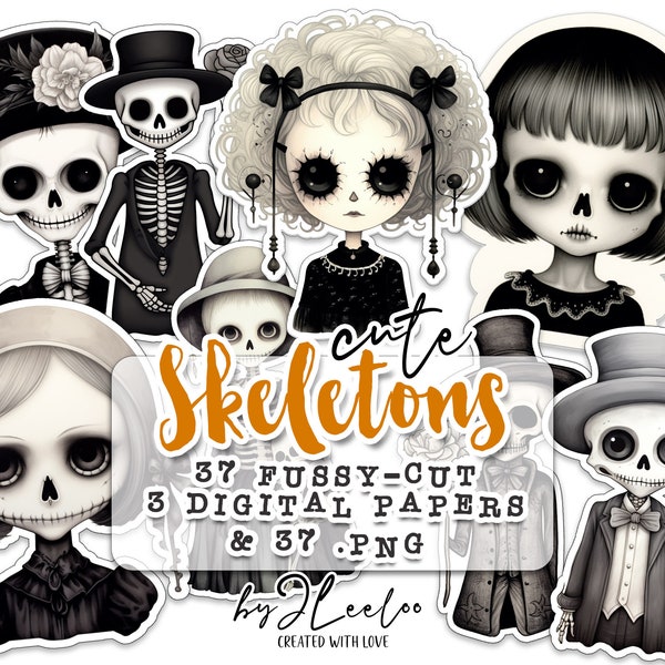 CUTE SKELETONS clipart PNG illustrations | Card Making, Scrapbooking, Journaling Supplies, Printable Stickers, Paper Craft Ephemera | pp634