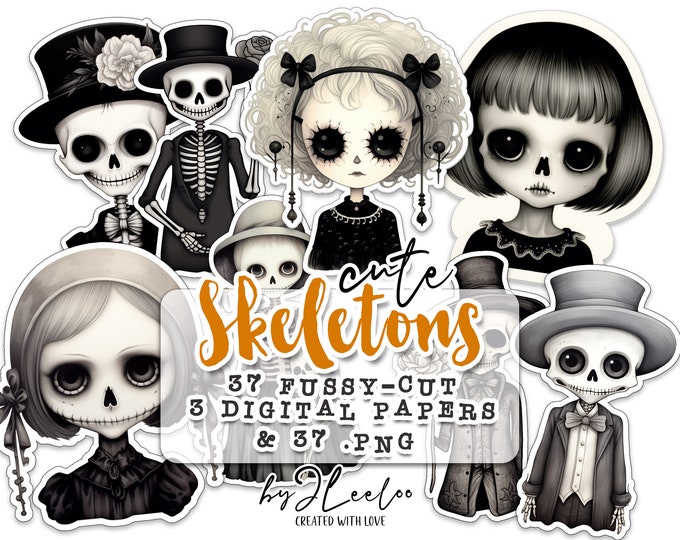 CUTE SKELETONS clipart PNG illustrations | Card Making, Scrapbooking, Journaling Supplies, Printable Stickers, Paper Craft Ephemera | pp634