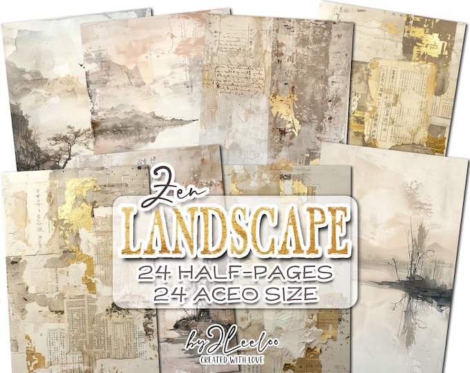 ZEN LANDSCAPE half pages printable | Oriental art junk journal Mixed Media supplies | Grunge dirty paper card making collage diary | pp782