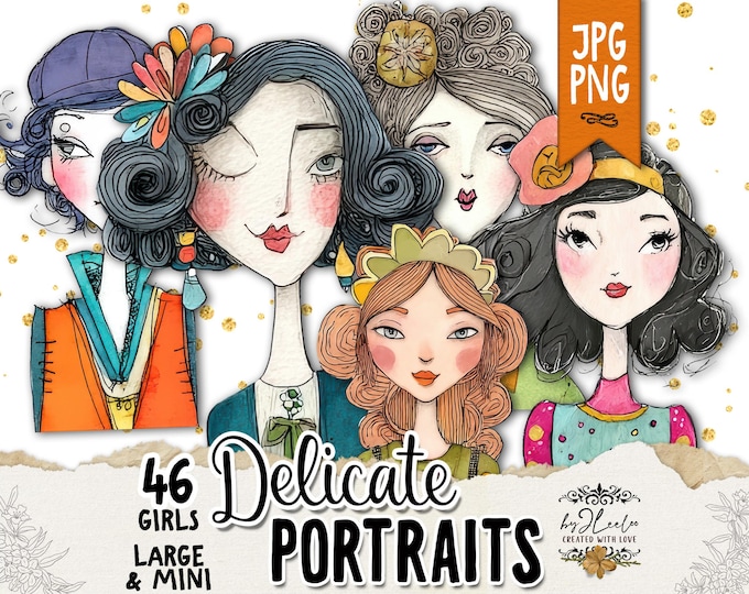 DELICATE PORTRAITS – Colorful Portraits Set | Printable PNG Transparent Background | Junk Journal Scrapbooking | Clipart Fussy Cut | cl202