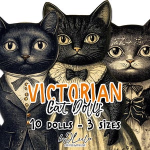 VIKTORIANISCHE KATZE | druckbare Papierpuppen für Halloween-Party-Dekor | Antikes viktorianisches skurriles Dekorations-Junk Journal Scrapbook | 180er