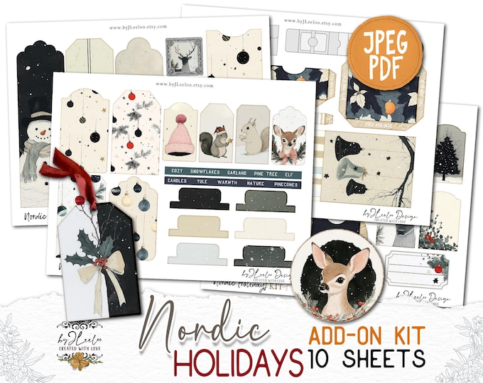 NORDIC HOLIDAYS Add-On Kit Junk Journal Pages printable | Christmas Collage Kit scrapbook vintage ephemera supplies | Fussy cut CU | pp864