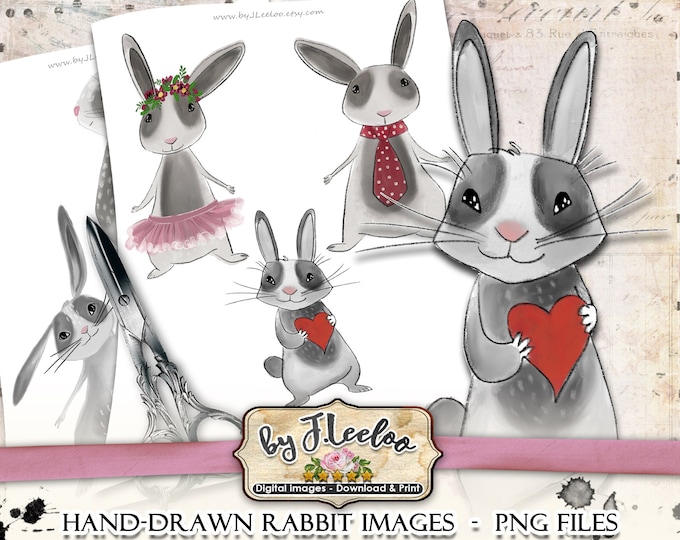RABBIT hand-drawn png jpg Easter files Digital collage sheet for scrapbooking altered art instant download printable cl129