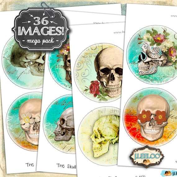 Digital collage THE SKULL 4 inch digital printable apocalypse walking dead coaster jewelry holder hang tags instant download tn478